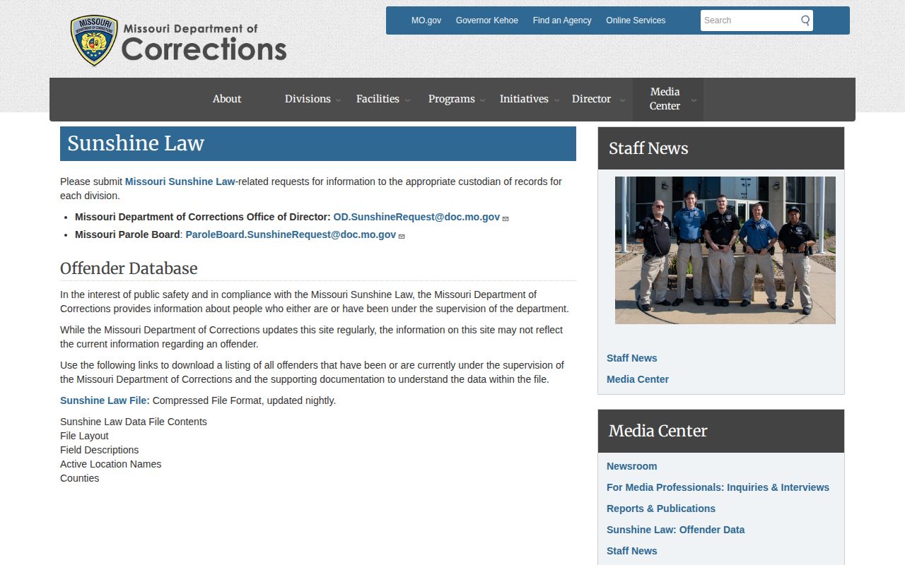 Missouri Corrections Oregon County release date field dictionary
